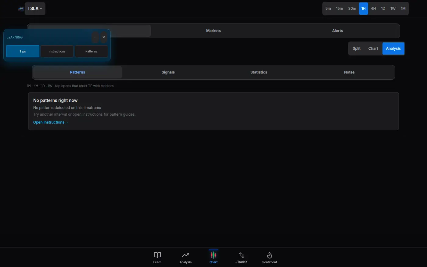 JTradeX analysis in dark mode. An AI analysis panel for a symbol, with a summary and pattern notes.
