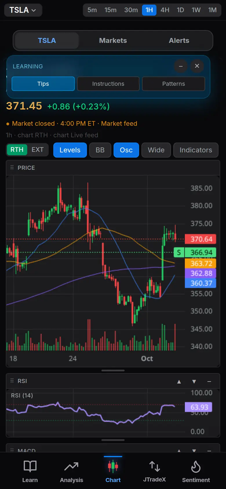 JTradeX on a phone in dark mode, with Markets, Alerts, and Trade along the bottom.